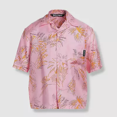 $835 Palm Angels Men Pink Abstract Print Silk Short-Sleeve Bowling Shirt Size 50 • $198.98