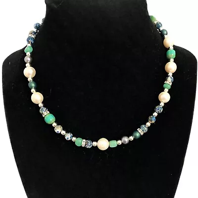 Handmade Semi Precious Genuine Gemstone Necklace Sodalite Fresh Water Pearl 16” • $20.95