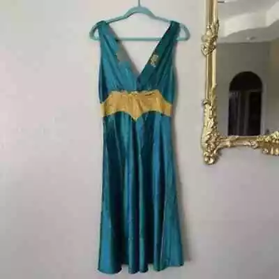 Miguelina Blue Teal Gold Silk A-Line Dress L • $120