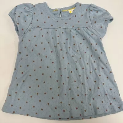 Mini Boden Pointelle Top Tee Surf Blue Girls 7-8 Brown Polka Dot Short Sleeve • $8