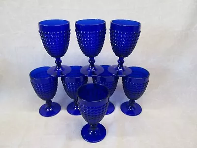 SET 8 Cobalt Blue Thousand Eye Goblets 6  Tall Pedestal Wine Glasses RARE Vtg • $149.99