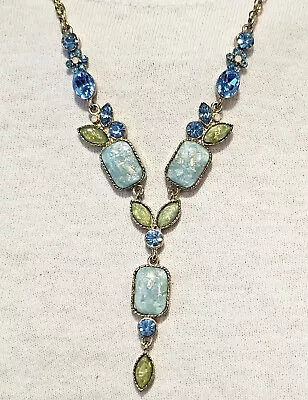 Vintage Avon Necklace Blue Green Rhinestone Faux Opal Y Drop • $12