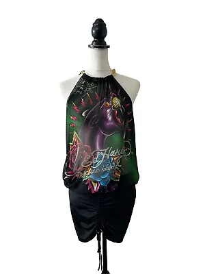 Ed Hardy Christian Audigier Dress Women’s Size L Blouson Chiffon Chain Printed • £89.95