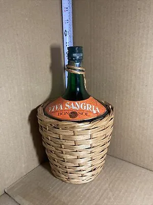 Vintage Wicker Wrapped Green EMPTY Viva Sangria Bottle W/ Handle From Spain • $15