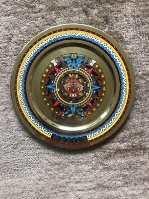 $16.99 • Buy Vintage Aztec Mexico Folk Art On Brass Metal Decor Wall Hanging PLATE 7-3/8 D
