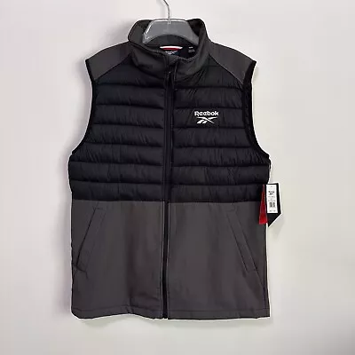 Reebok Mens Partial Puffer Vest M Full Zip Gray Black Pockets Travel Jacket NEW • $59.99