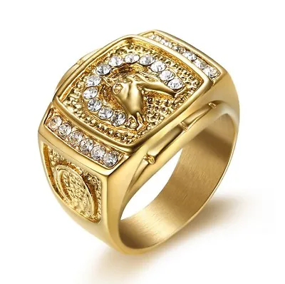 $17.99 • Buy Gold Plated Titanium Racing Horse Head Engraved Men's Diamond Created Ring M58