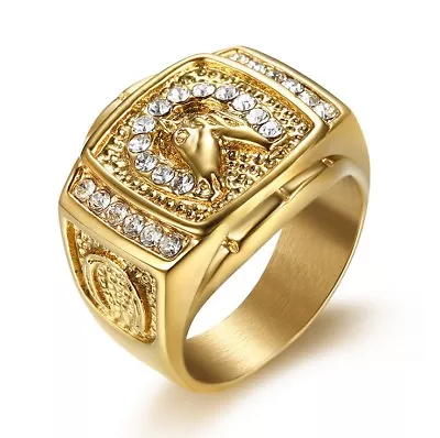 Gold Plated Titanium Racing Horse Head Engraved Men's Diamond Created Ring M58 • $17.99