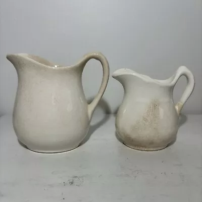 Antique White Ironstone Pitchers Stained Crazed Patina Farmhouse Lot Of 2 • $199.99