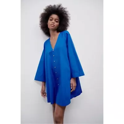Zara Voluminous Mini Dress Blue Long Sleeve Size Large NWT • $24.49