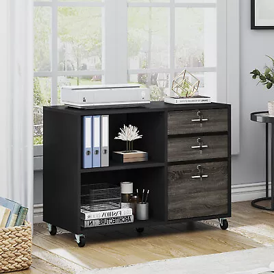 $99.99 • Buy Wood File Cabinet 3 Drawer Mobile Lateral Filing Cabinet With 2 Open Shelves