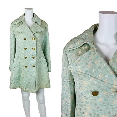 Vintage 60s Brocade Pea Coat Aqua Cream Polka Dot Dress Coat • $218