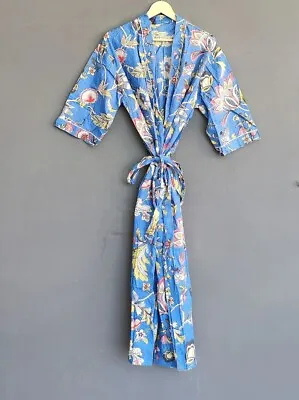 Indian Blue Floral Kimono Cotton Bath Robes Women's Clothing Maxi Night Gown AU • $39.92