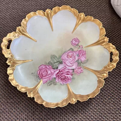 Vintage RS Prussia Cake Plate Satin Finish Floral Gold Trim Red Wreath Marked • $19.99