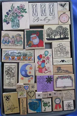 #6 Lot-33 Used Wooden Mounted Rubber Stamps Flowers Baby Dog DIY Crafts Cards • $12.99