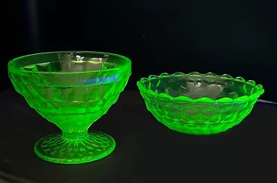 Vintage Uranium Vaseline Glass Diamond Cut Bowl & Dessert Dish • $24