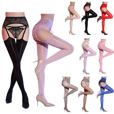 Womens Pantyhose With Garter High Waist Tights Silky Thigh High Stockings Lace • $7.43