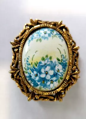 Vintage Forget Me Not Hand Painted Porcelain Brooch Blue Flowers • $18.50