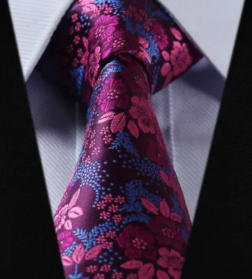 £9.99 • Buy Mens Tie Pink Blue Fuschia Woven Paisley Necktie Wedding Silk Floral Hanky