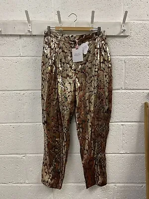 Hayley Menzies Bianca Silk Jacquard Tailored Trousers Gold Floral BNWT Size L • £49.99