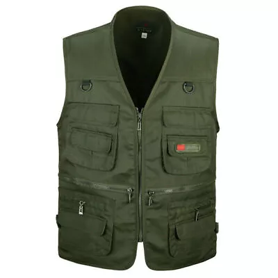 Men Multi Pocket Utility Cargo Vest Waistcoat Outdoor Hiking Fishing Work Gilet • £18.52