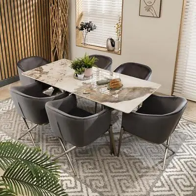 6 Seater Ceramic Marble Dining Table And Chairs Set Grey Velvet 180cm • £1834.25