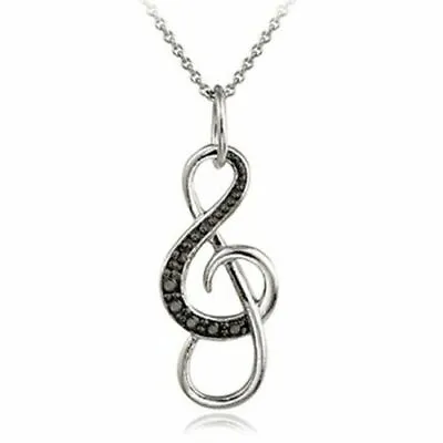 Sterling Silver Musical Note Pendant Necklace Black CZ Cubic Zirconia Music Note • $8.99
