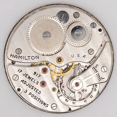 Hamilton Grade 917 17-Jewel 3-Adjustment Antique Pocket Watch Movement • $60