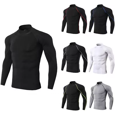 Men Turtleneck Compression Base Layer Tops Tights Athletic Long Sleeve Shirt Gym • £4.89