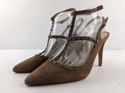 Boden Women 39 US 8.5 Brown Nubuck Leather Double T Strap Heels Studded Shoe • $39.88