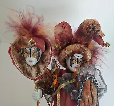 VINTAGE 14” Mardi Gras Jester Porcelain Doll Orange And Gold W/butterfly Mask  • $28.55