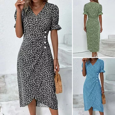 Summer Women Short Sleeve Holiday Sundress V Neck Floral Asymmetrical Midi Dress • $24.69