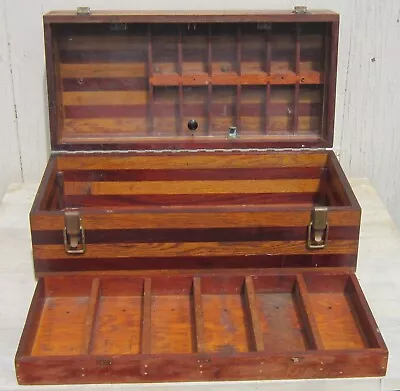 Vintage HANDMADE Exotic WOOD TACKLE BOX Many Compartments/Removable Tray AMAZING • $400