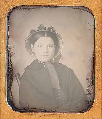 Light Eyed Young Girl Wearing Bonnet + Shawl 1/6 Plate Daguerreotype K905 • $138.75