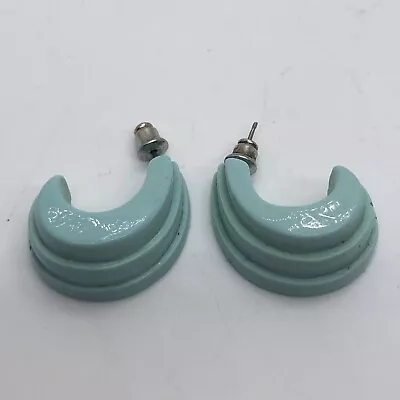 80’s Teal Elongated Layered Plastic Hoop Pierced Earrings • $7