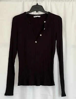 $10 • Buy Zara Women's Black Rib Knit Long Sleeve Tee Shirt Size S