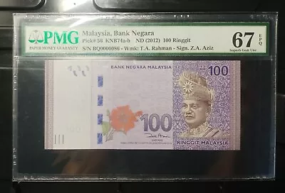 Malaysia Banknote Rm100 Pmg67epq Low Number Bq0000086 Zeti Gabenor • $118