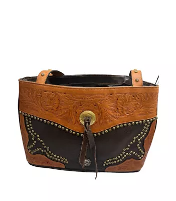 Montana Silversmith Western Purse Tooled Leather Studs Rodeo Rip In Lining • $80.97