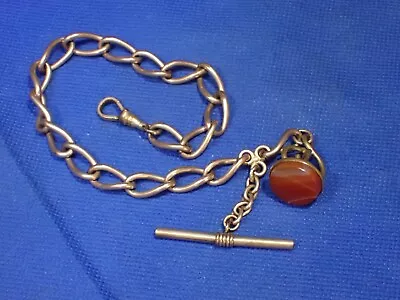 Vintage Unbranded T-Bar GF Pocket Watch Chain Big Heavy Links 12  Agate Stone • $85