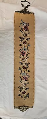 VTG Needlepoint Floral Bell Pull Wall Hanging Brass Hardware 40  Long  • $49.99