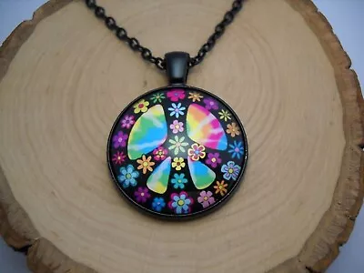 Beautiful Flower Peace Sign Cabochon Glass Pendant Black Chain Necklace Jewelry • $10.95