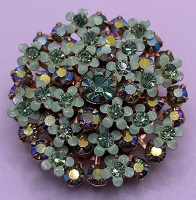 Vintage Signed WEISS Brooch Green Aurora Borealis Rhinestones Enameled Flowers  • $24.99