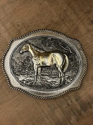 Horse Belt Buckle Montana Silversmiths Gold Silver River Trees Rodeo Rope Edge • $59.95