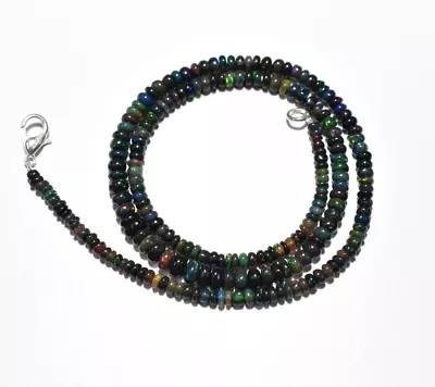 925 Sterling Silver Black Ethiopian Opal Smooth Rondelle 16 Inch Beaded Necklace • $39.24