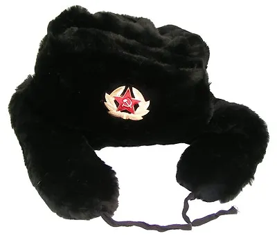 £12.50 • Buy SALE!!! Russian Officer BLACK Faux Fur Ushanka Hat Military Badge/M-58cm/XL-62cm