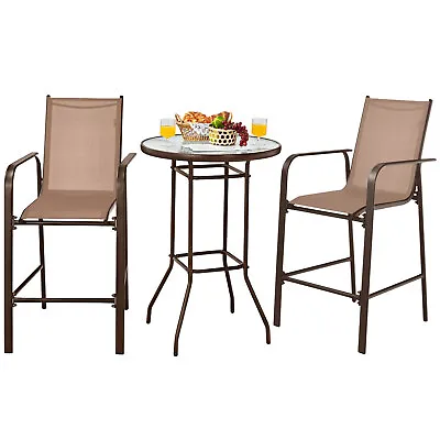 3 PCS Outdoor Patio Bar Table Stool Set Height Tempered Glass Top • $159.99