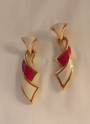 Vintage Monet Red White Enamel On Goldtone Pierced Dangle Earrings HTF • $10