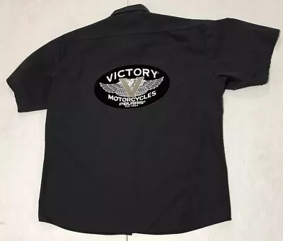 Mens XL Victory Motorcycle Mechanics Button Up Shirt Logo Back Patch Gray S/S • $24.97