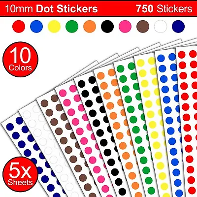 10mm Size 750 Coloured Dot Stickers Round Sticky Dots Adhesive Circles Labels • £1.99