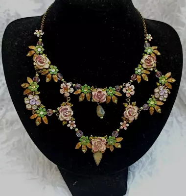 Michal Negrin Necklace Statement Bib Carved Roses Leaves Romantic Fairy Floral • $316